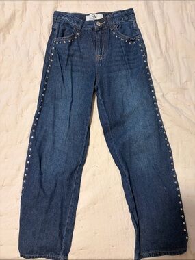 Straight-Leg Dark Blue Stud-Trim Women's Jeans